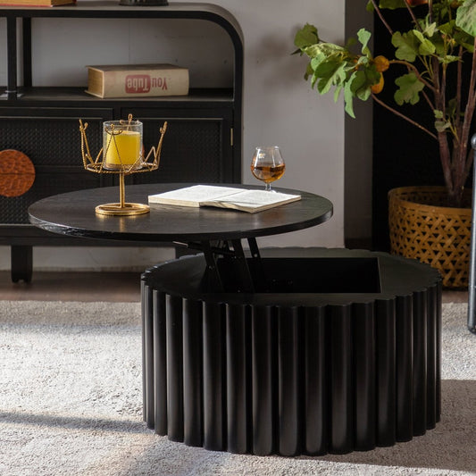 Round Coffee Table With Lift Handcrafted Relief Sturdy Pedestal Wooden Tea Table For Living Room No Need To Assemble - The Reset Cart