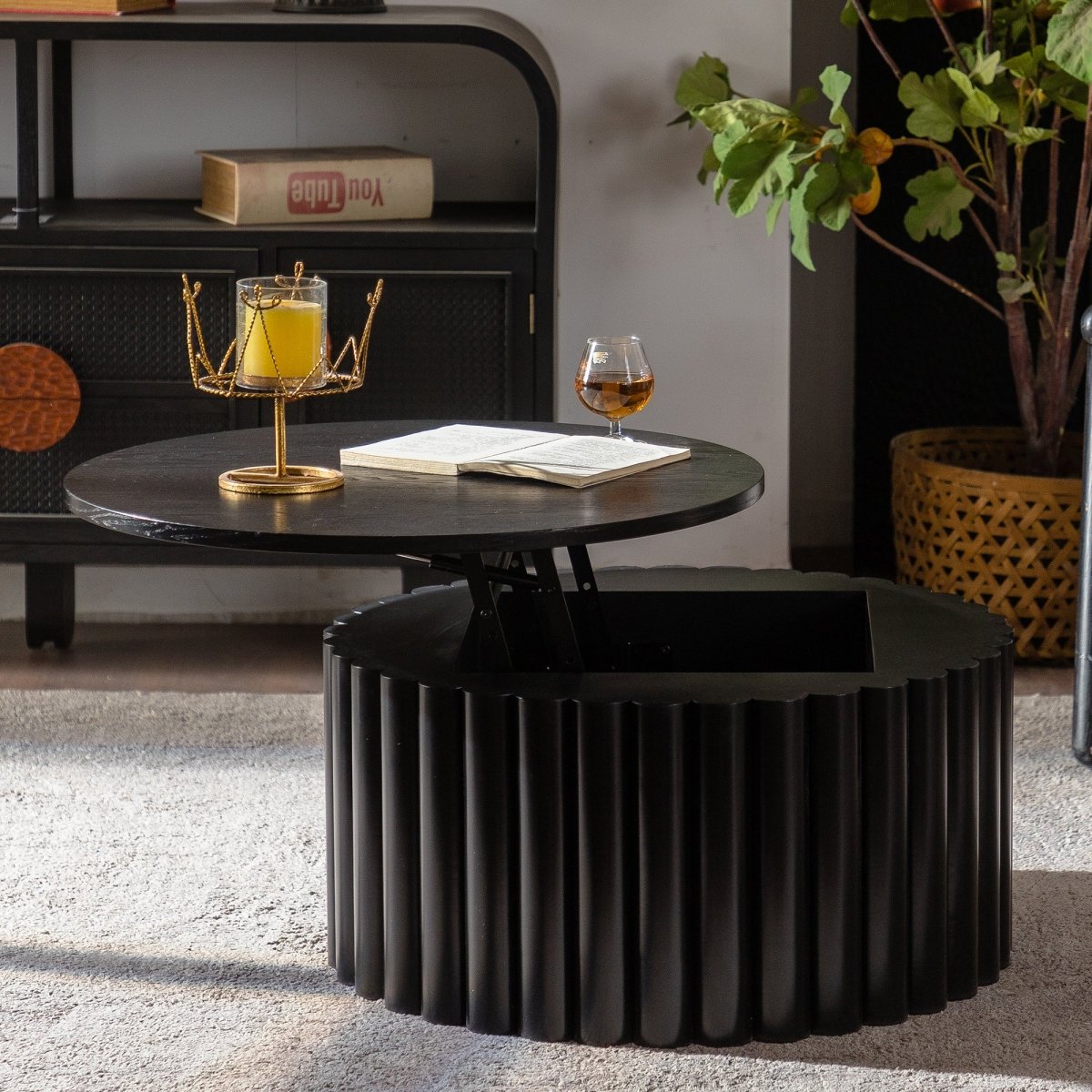 Round Coffee Table With Lift Handcrafted Relief Sturdy Pedestal Wooden Tea Table For Living Room No Need To Assemble - The Reset Cart