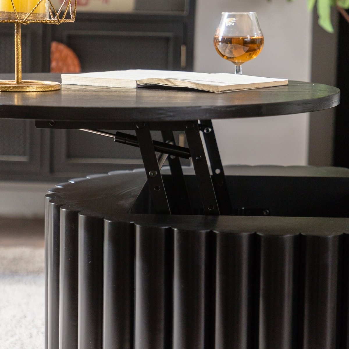 Round Coffee Table With Lift Handcrafted Relief Sturdy Pedestal Wooden Tea Table For Living Room No Need To Assemble - The Reset Cart