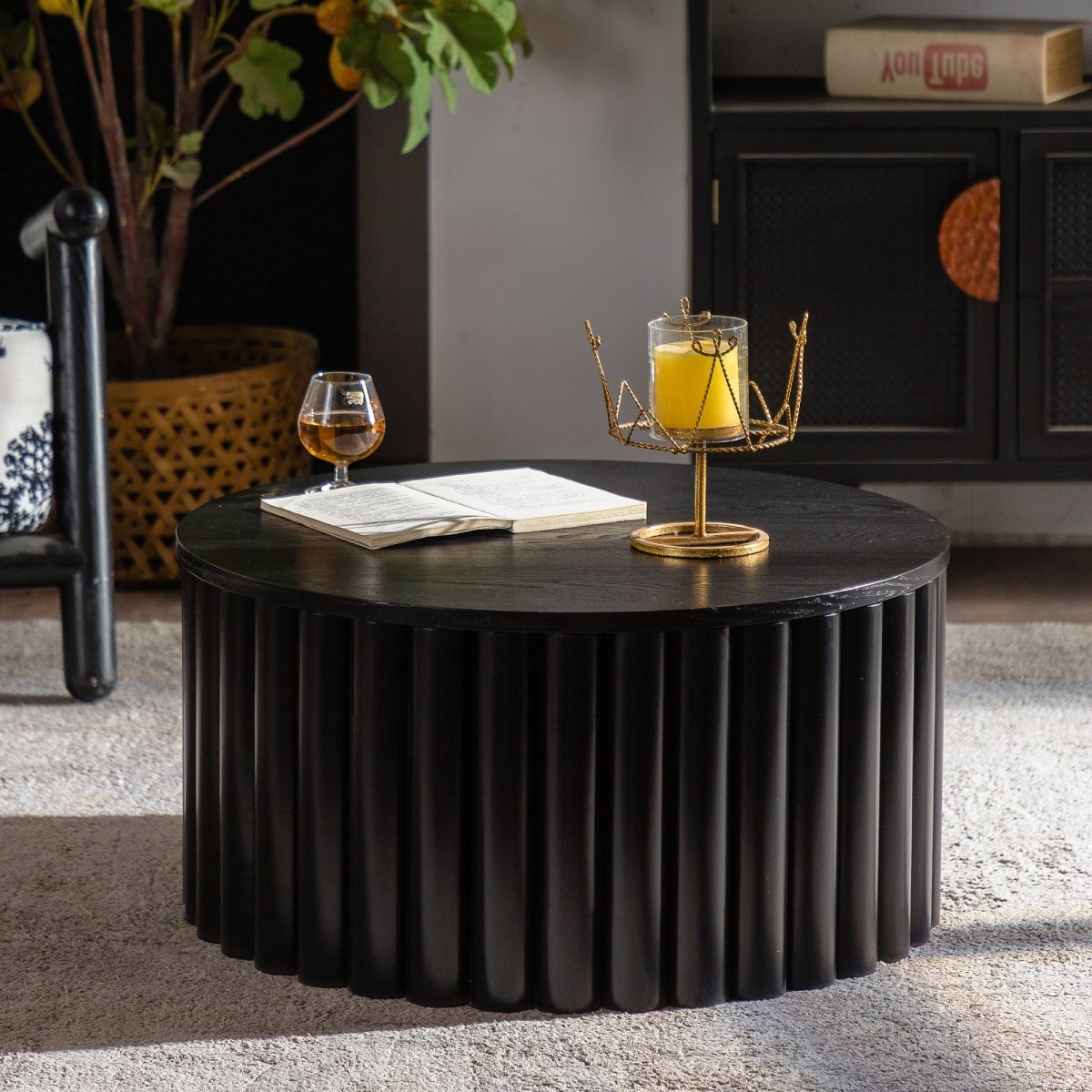 Round Coffee Table With Lift Handcrafted Relief Sturdy Pedestal Wooden Tea Table For Living Room No Need To Assemble - The Reset Cart