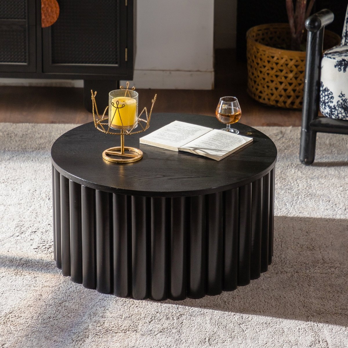 Round Coffee Table With Lift Handcrafted Relief Sturdy Pedestal Wooden Tea Table For Living Room No Need To Assemble - The Reset Cart